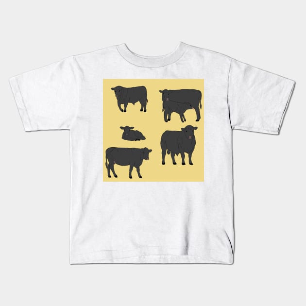 Angus Cattle Pattern Yellow Kids T-Shirt by TrapperWeasel